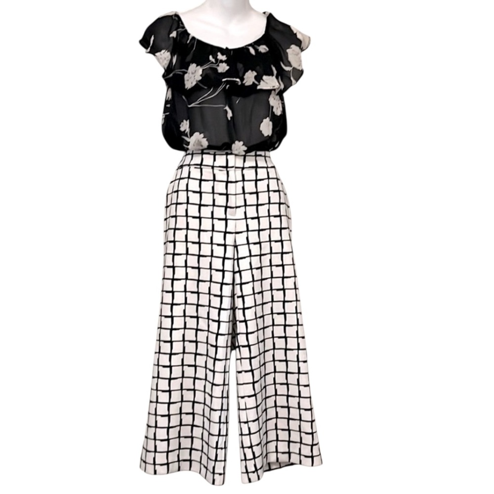 Worthington Black & White Windowpane Checked Plaid Midrise Cropped Pants Sz 8